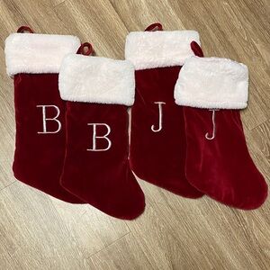 4 Red and White Monogrammed Christmas Stockings 2 “B” logo and the other 2 “J”